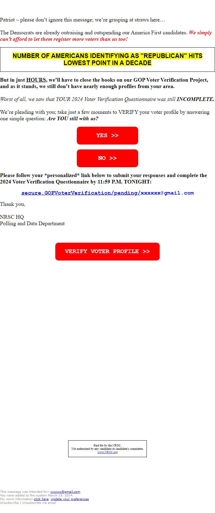 Screenshot of the email generated on import