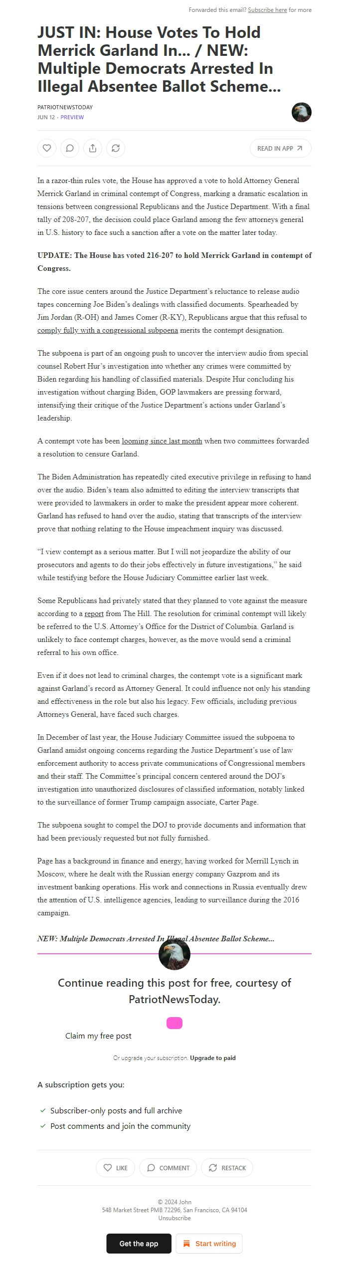 Screenshot of the email generated on import