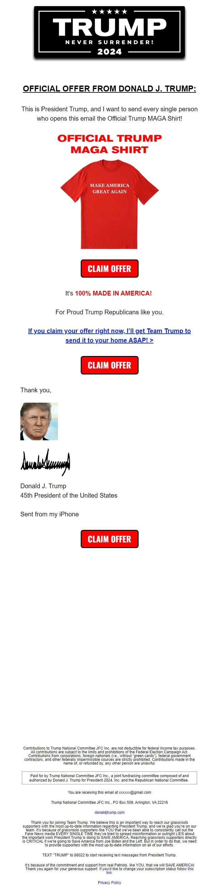 Screenshot of the email generated on import