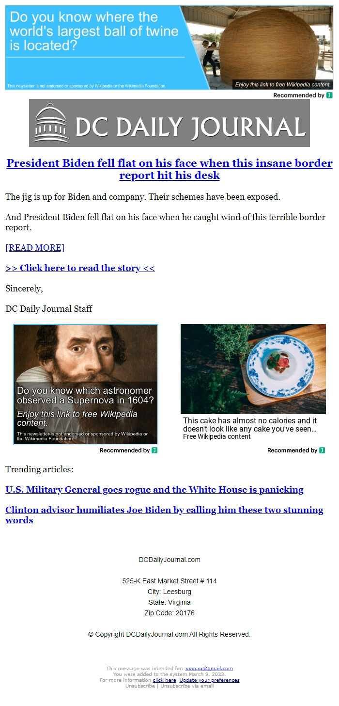 Screenshot of the email generated on import