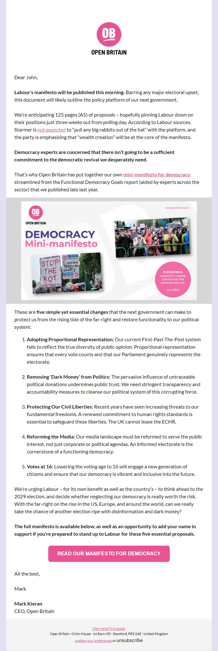 Screenshot of the email generated on import