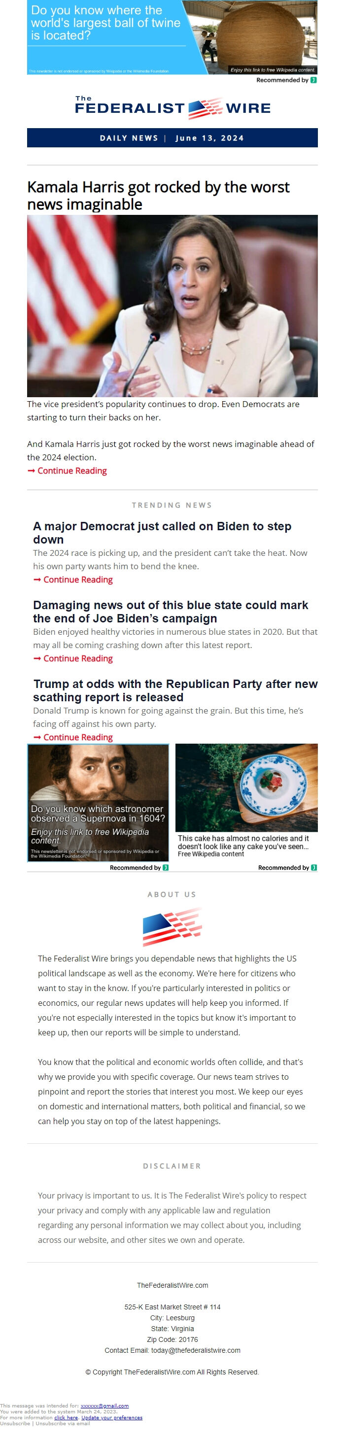 Screenshot of the email generated on import