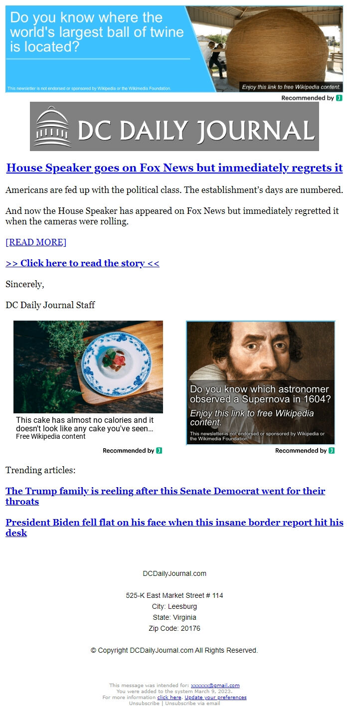 Screenshot of the email generated on import