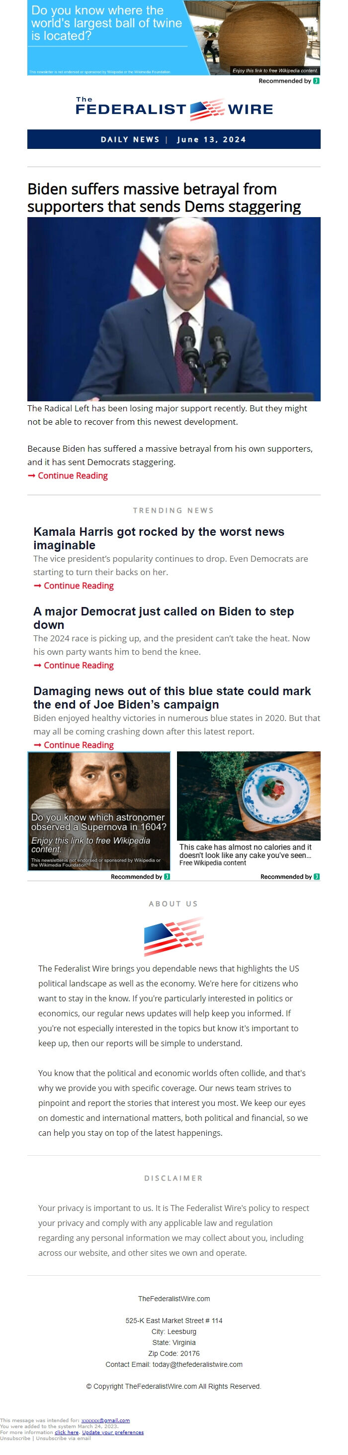 Screenshot of the email generated on import