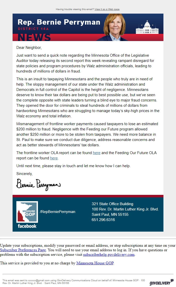 Screenshot of the email generated on import