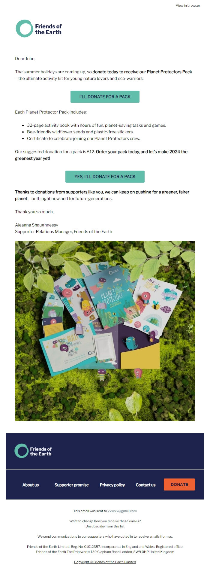 Screenshot of the email generated on import