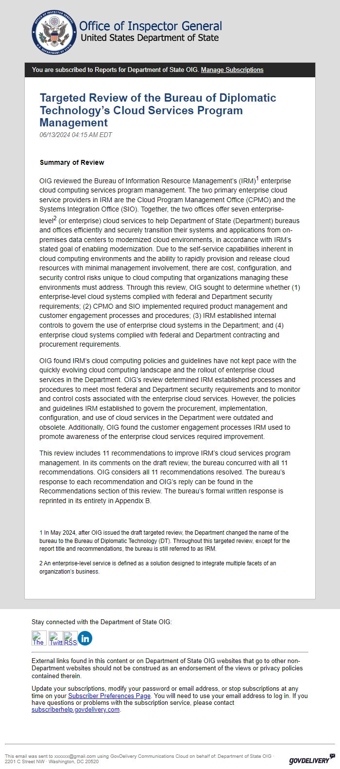 Screenshot of the email generated on import