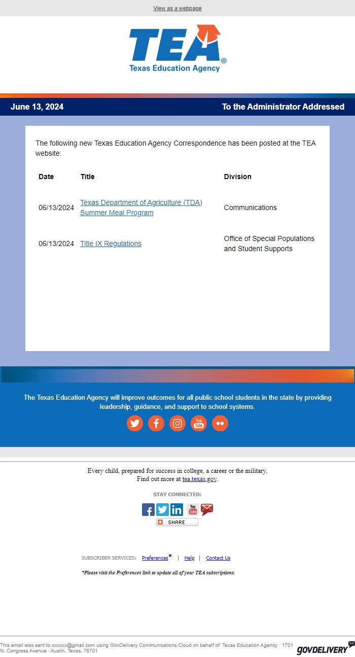 Screenshot of the email generated on import