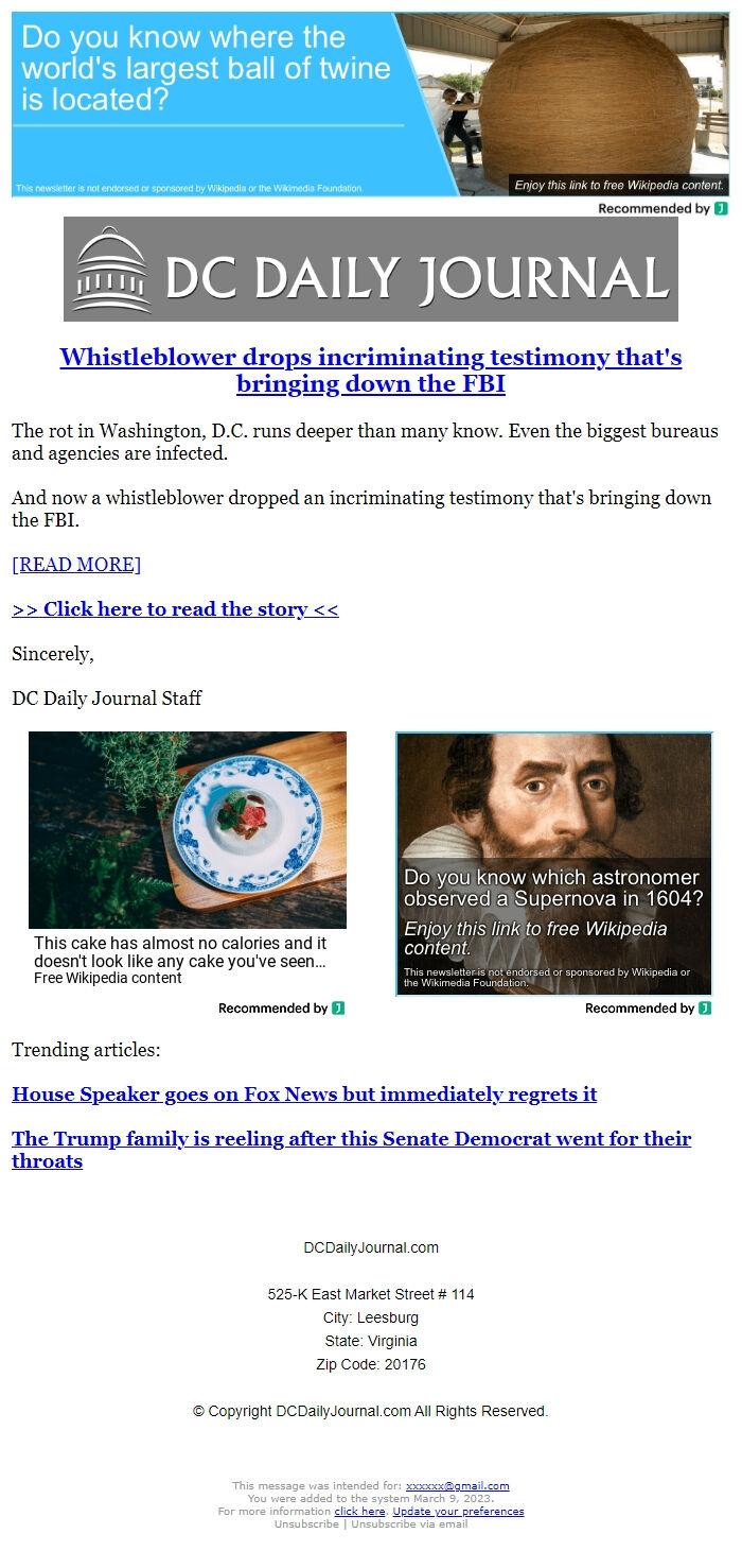 Screenshot of the email generated on import
