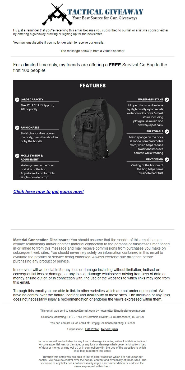 Screenshot of the email generated on import