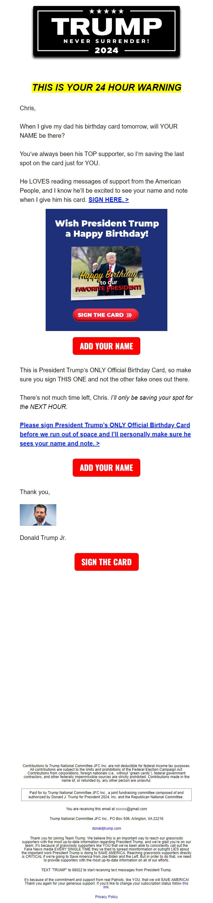 Screenshot of the email generated on import