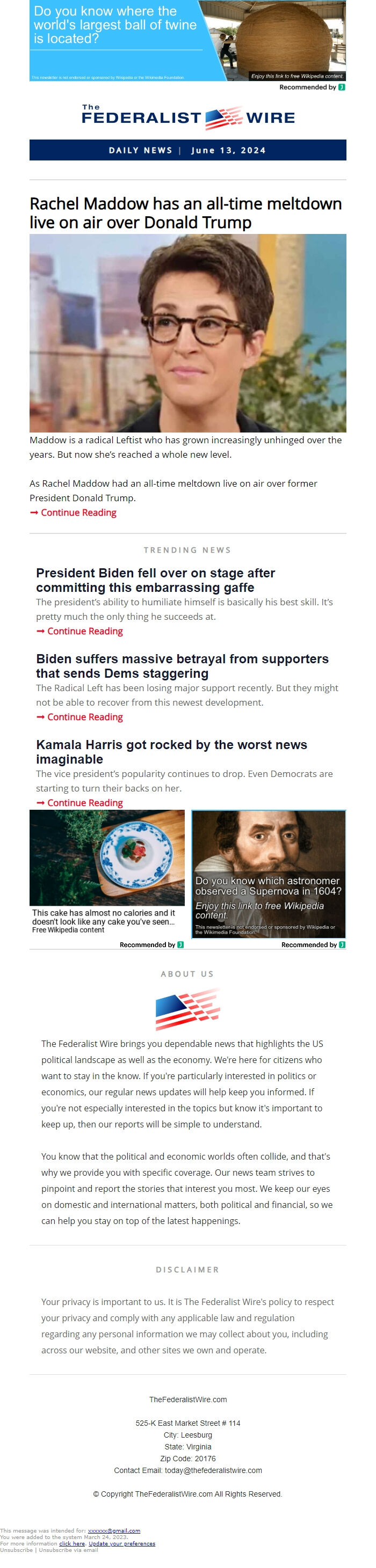 Screenshot of the email generated on import