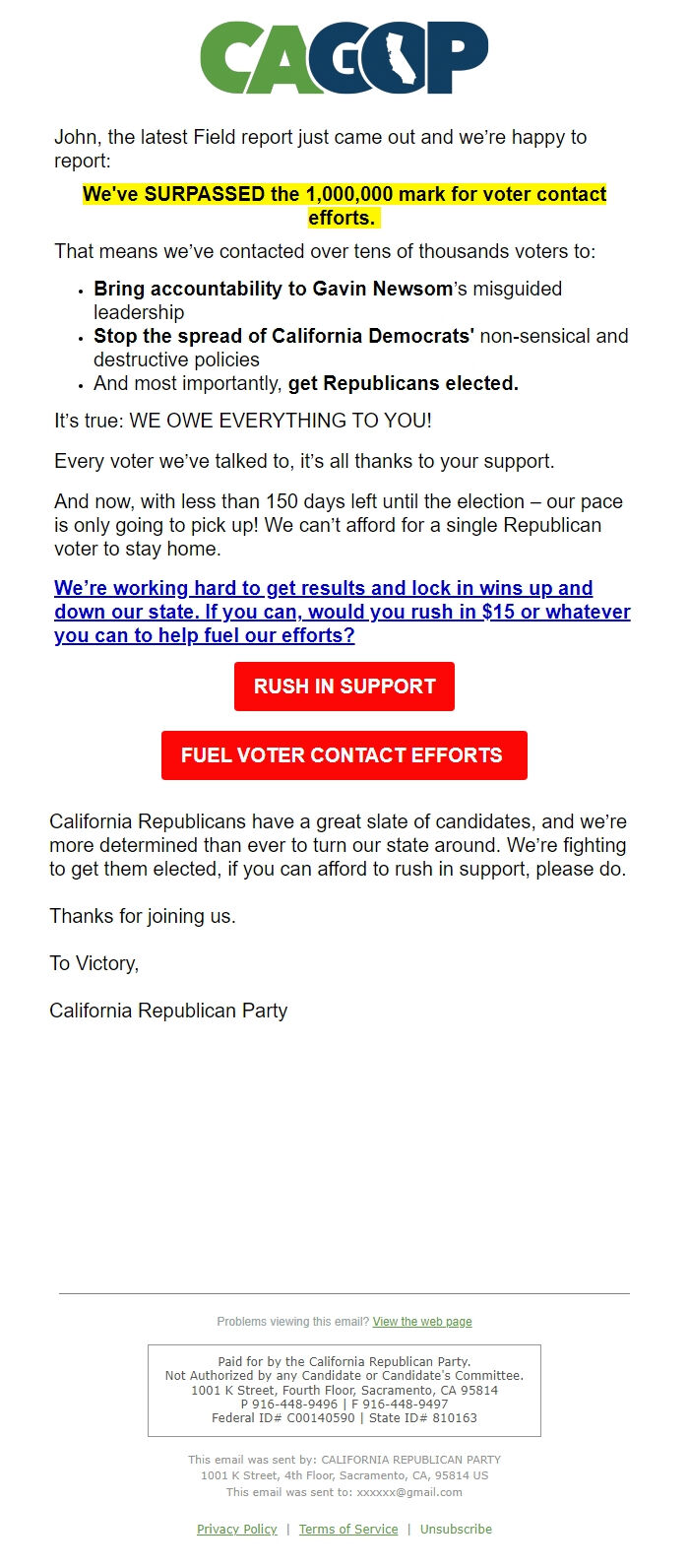 Screenshot of the email generated on import