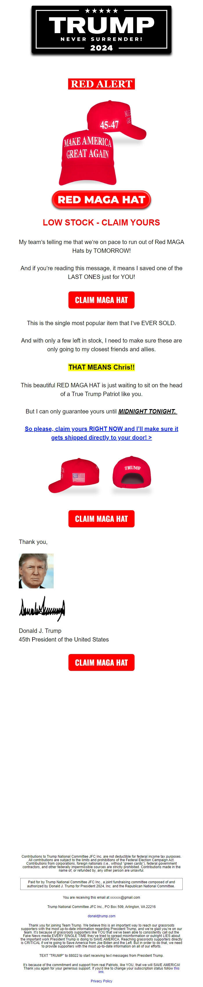 Screenshot of the email generated on import