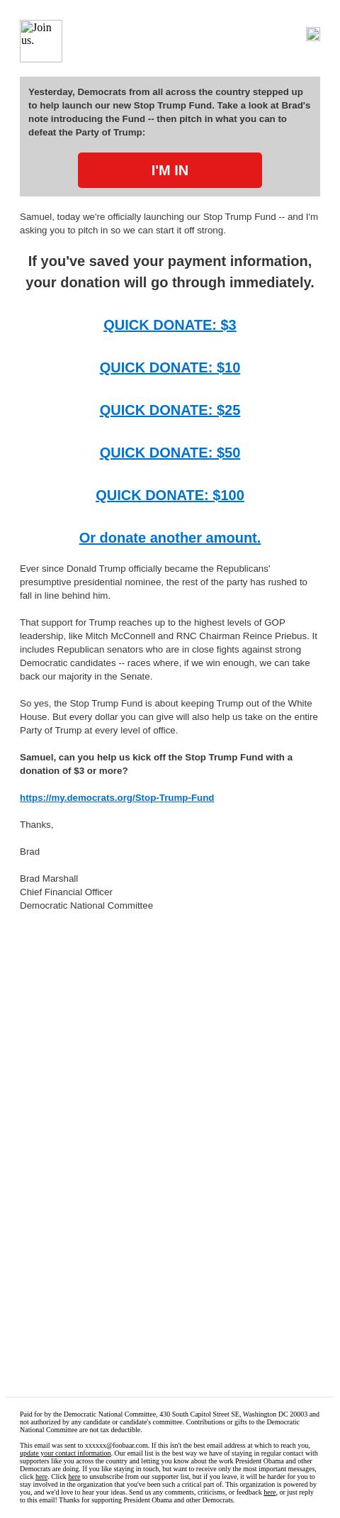 Screenshot of the email generated on import