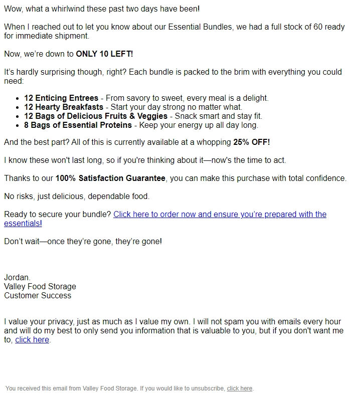 Screenshot of the email generated on import