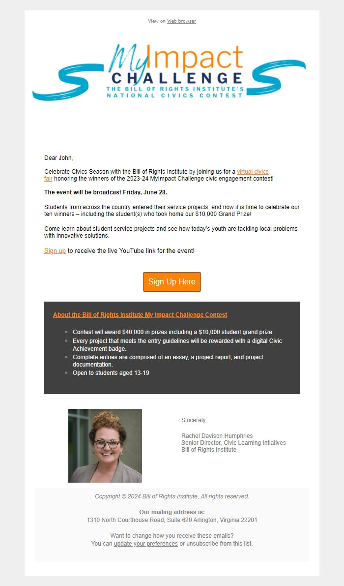 Screenshot of the email generated on import