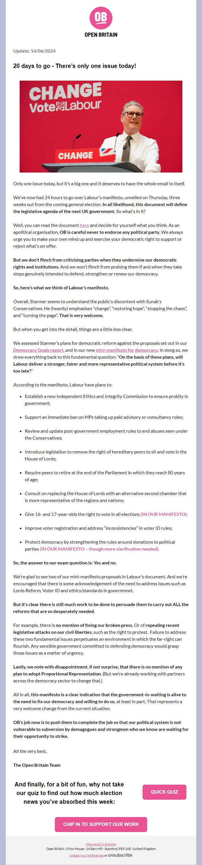 Screenshot of the email generated on import