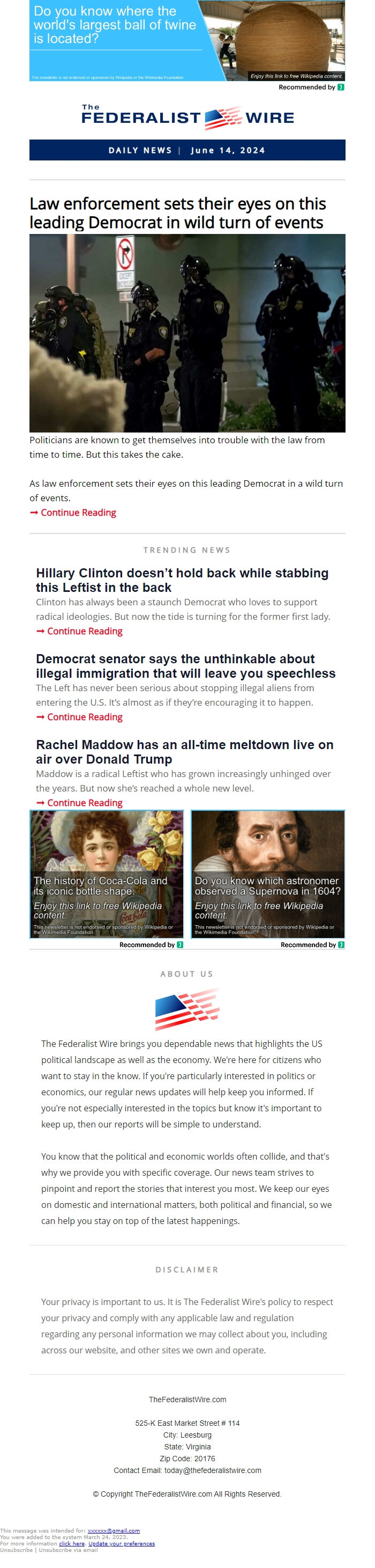 Screenshot of the email generated on import