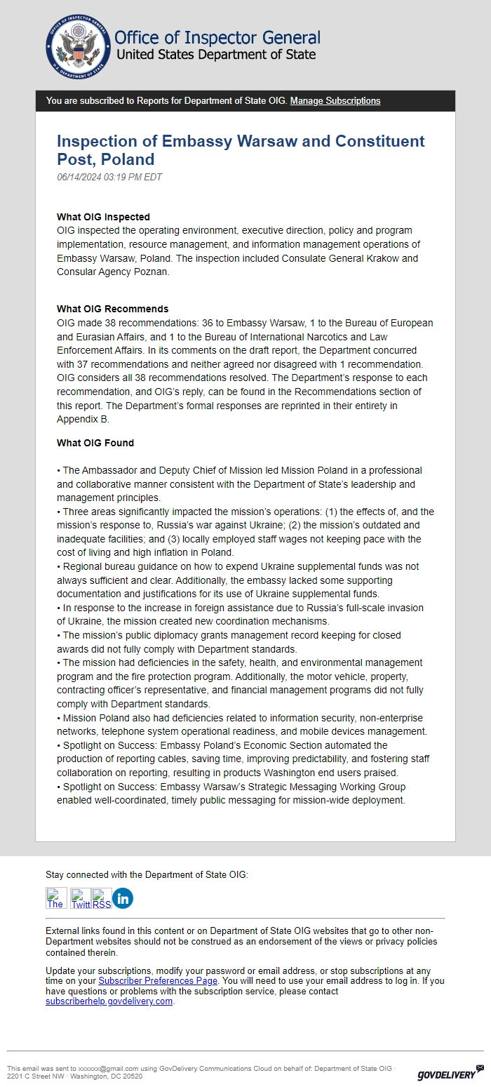 Screenshot of the email generated on import