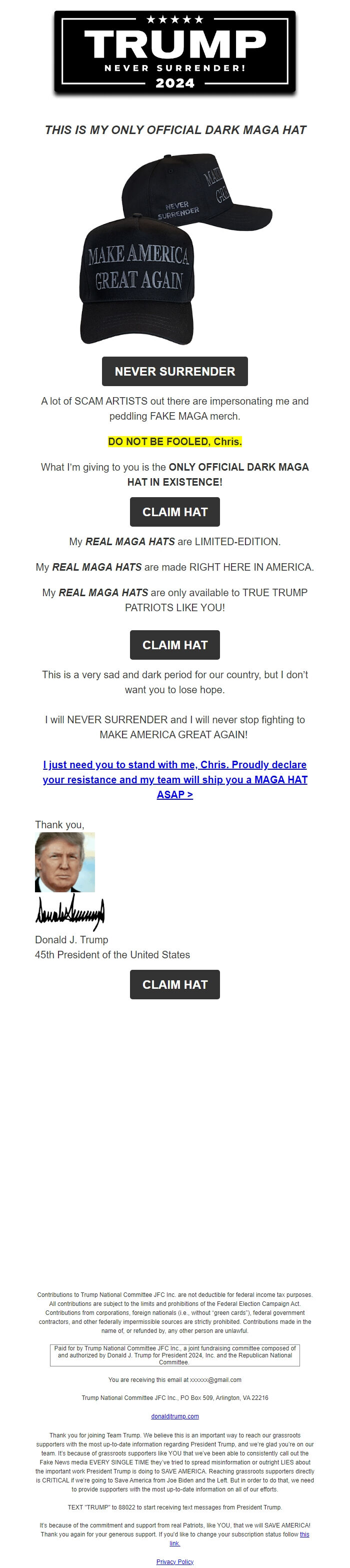 Screenshot of the email generated on import