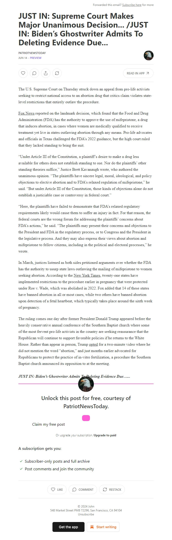 Screenshot of the email generated on import