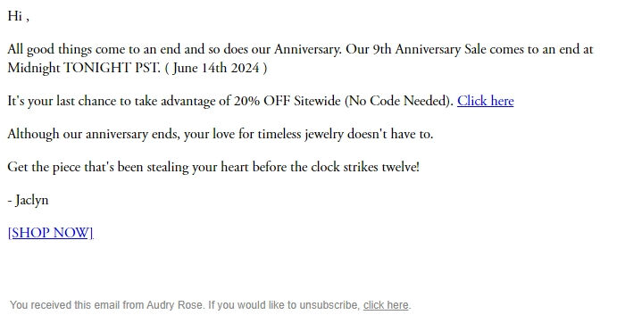 Screenshot of the email generated on import