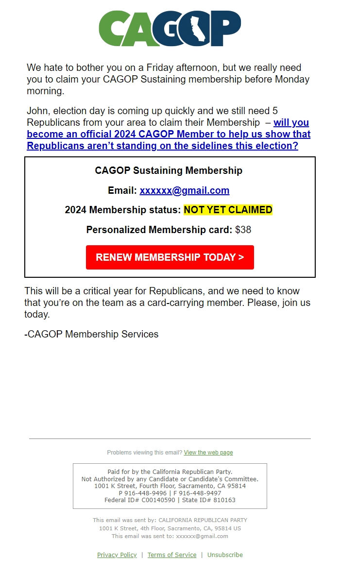 Screenshot of the email generated on import