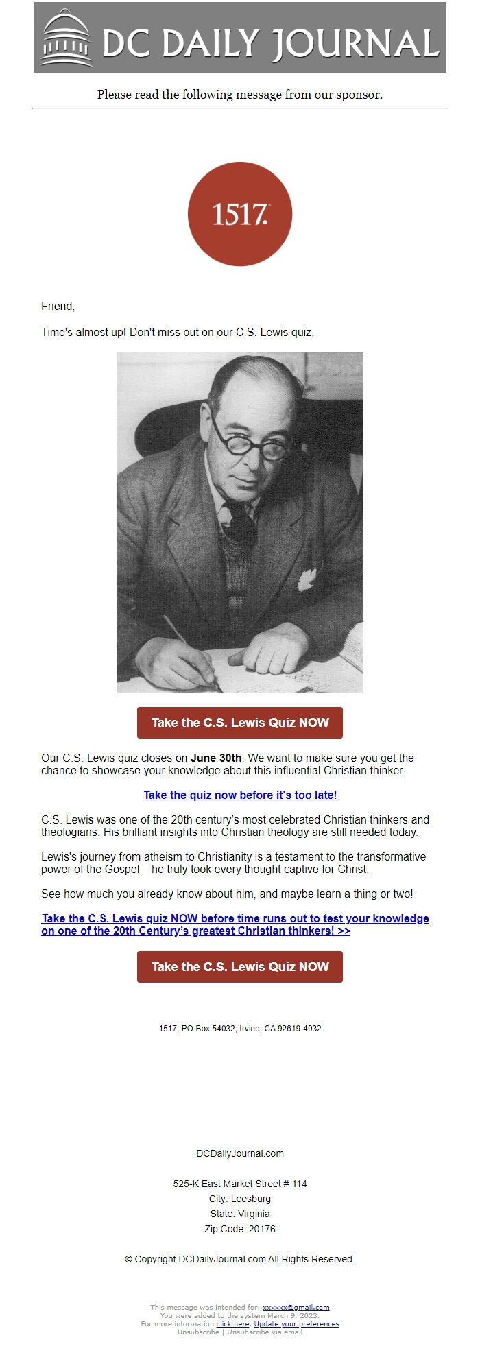 Screenshot of the email generated on import