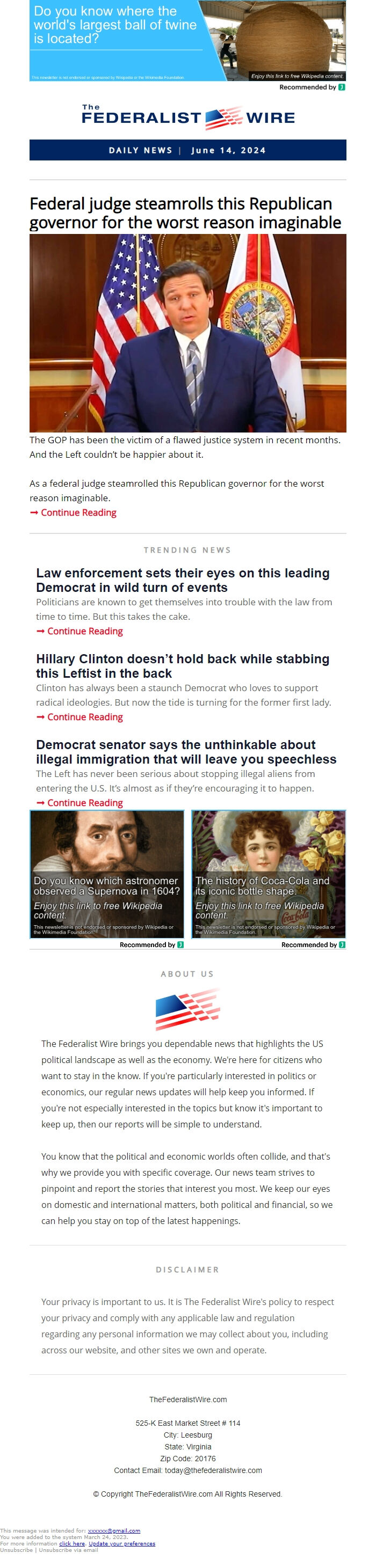 Screenshot of the email generated on import