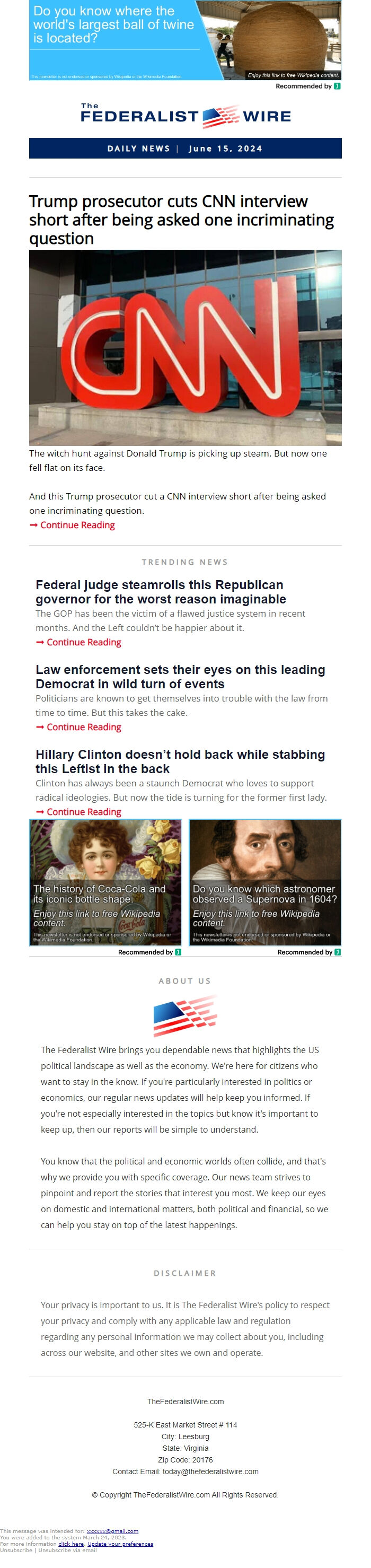 Screenshot of the email generated on import