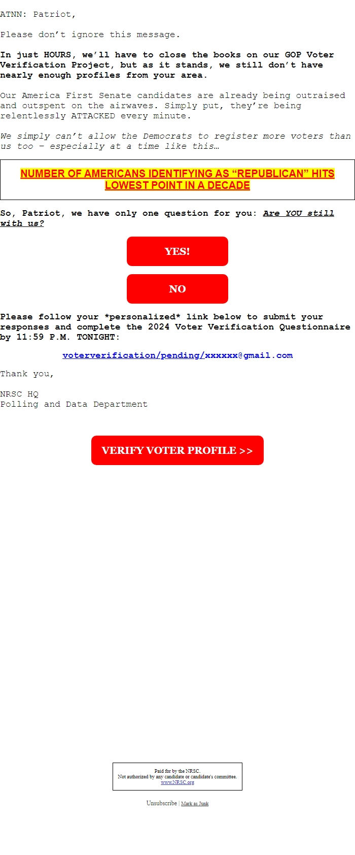 Screenshot of the email generated on import