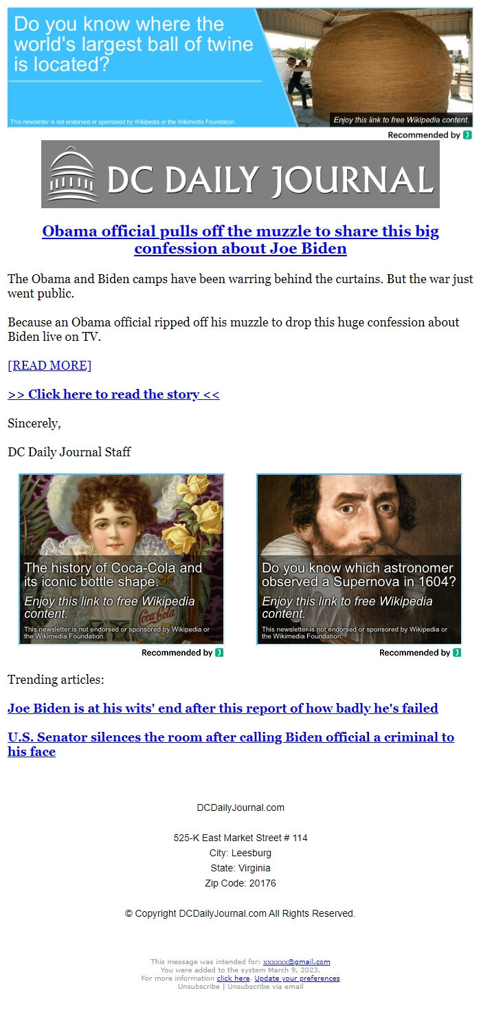 Screenshot of the email generated on import