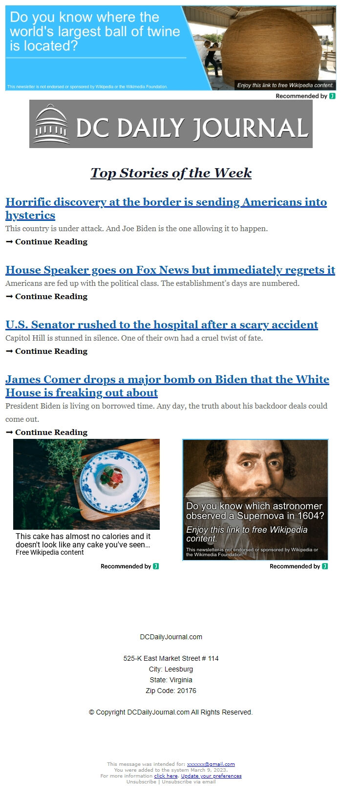 Screenshot of the email generated on import