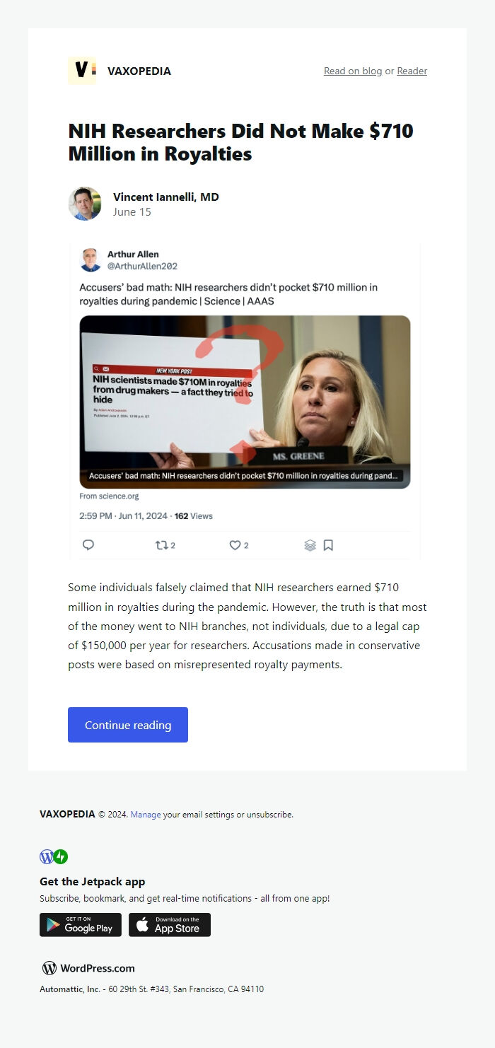 Screenshot of the email generated on import