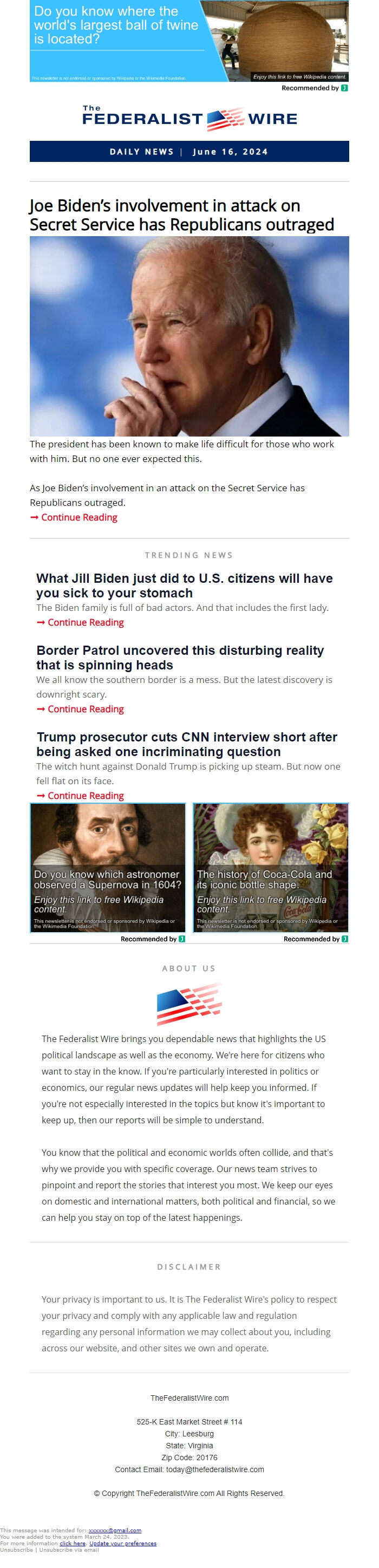 Screenshot of the email generated on import