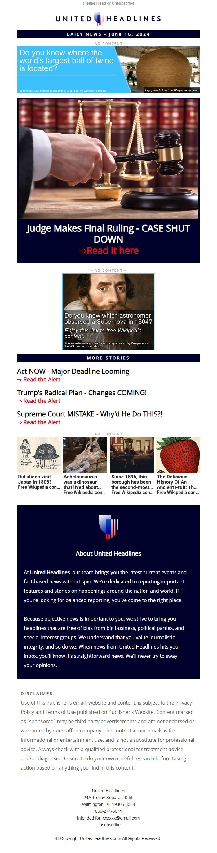 Screenshot of the email generated on import