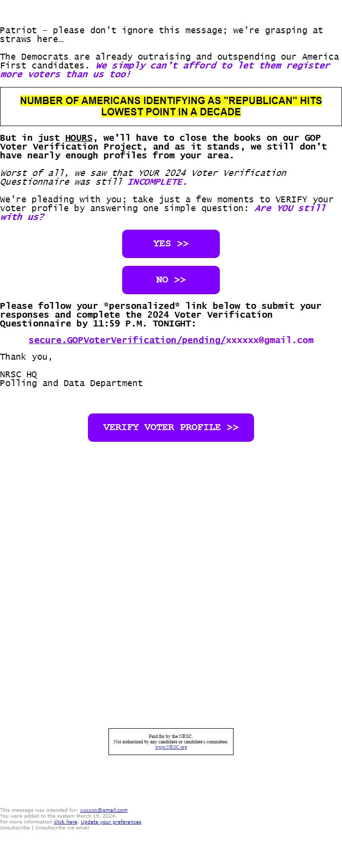 Screenshot of the email generated on import