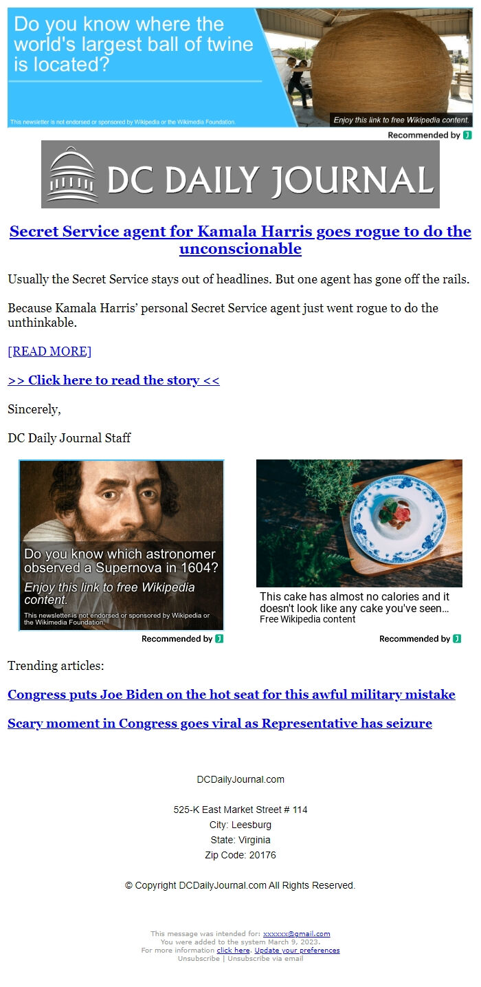 Screenshot of the email generated on import