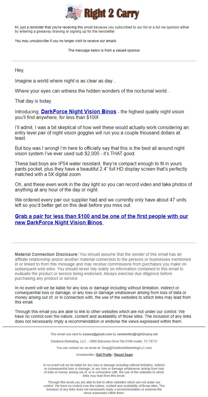 Screenshot of the email generated on import