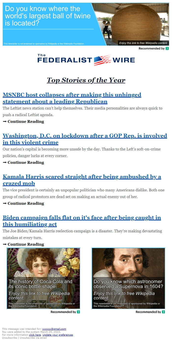 Screenshot of the email generated on import