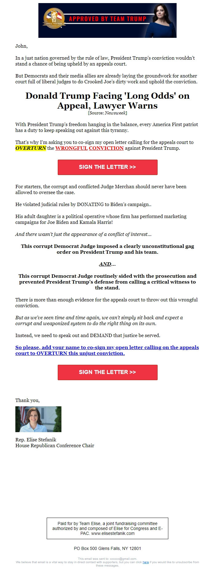 Screenshot of the email generated on import