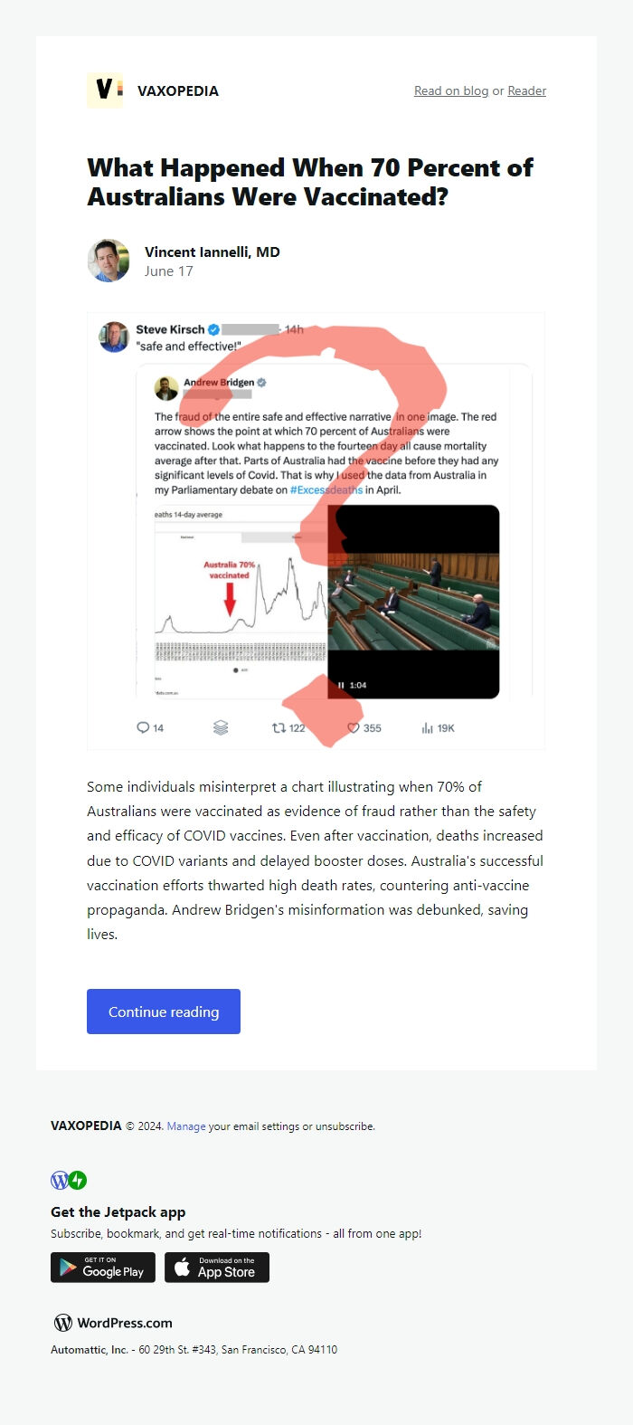 Screenshot of the email generated on import