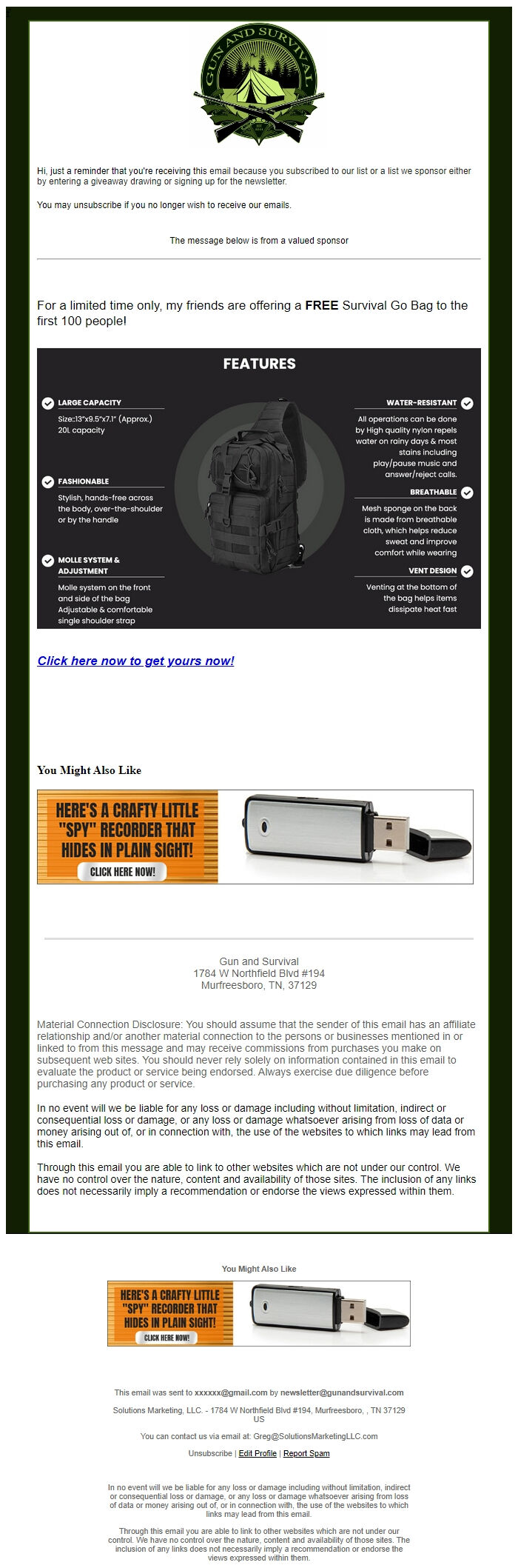 Screenshot of the email generated on import