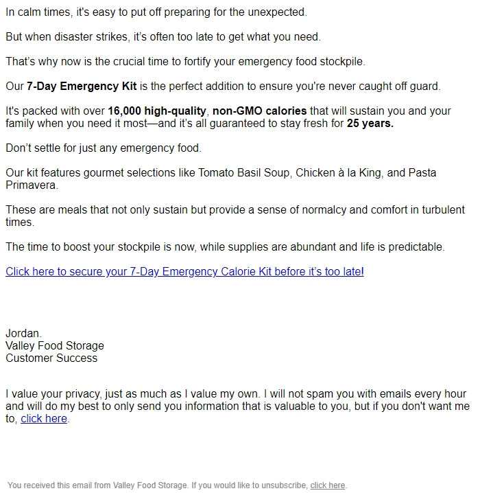 Screenshot of the email generated on import