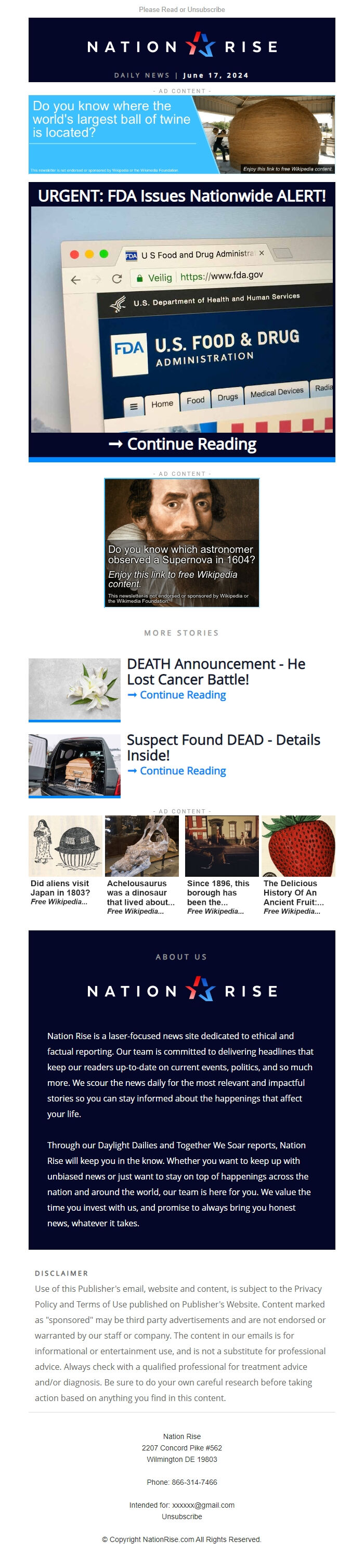 Screenshot of the email generated on import