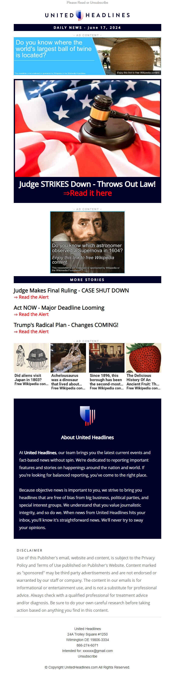 Screenshot of the email generated on import