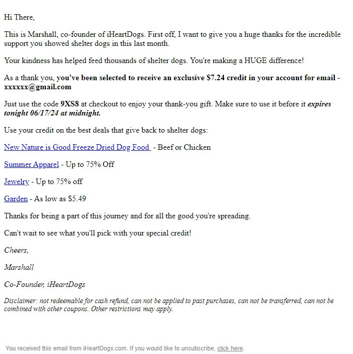 Screenshot of the email generated on import