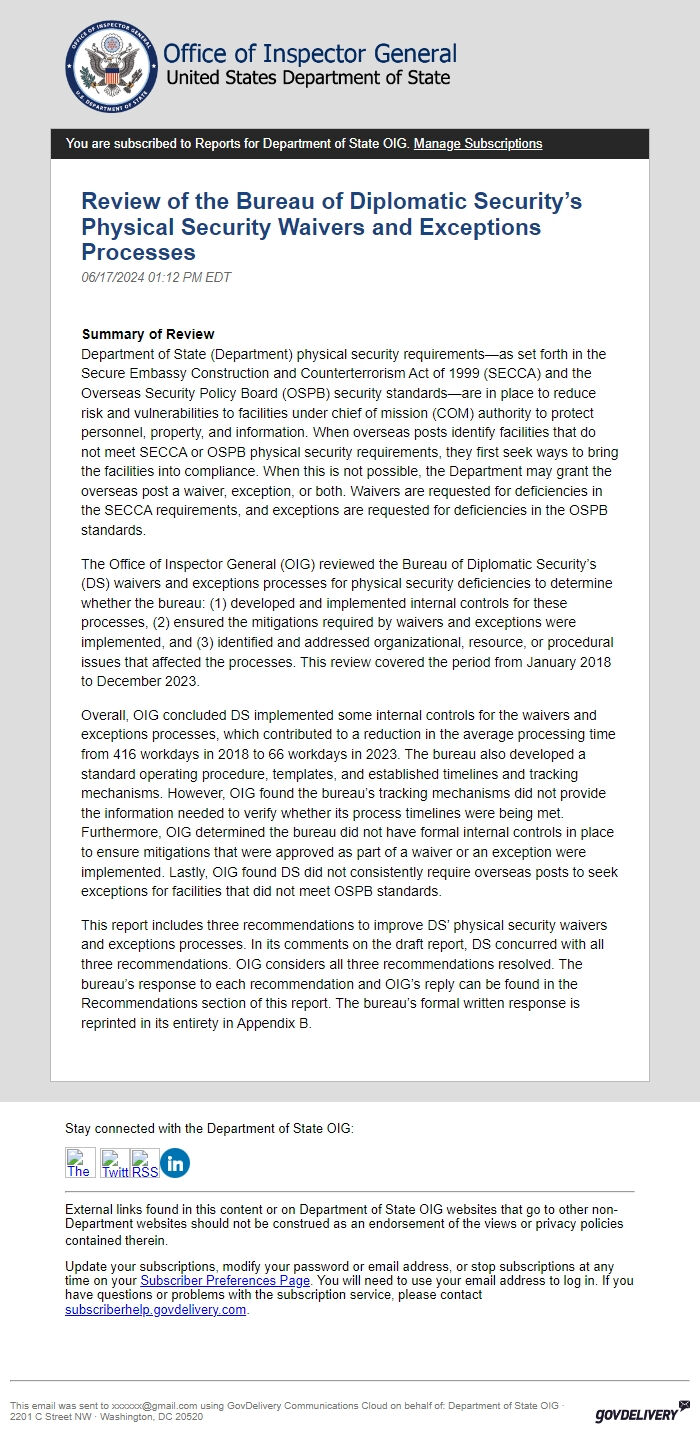 Screenshot of the email generated on import