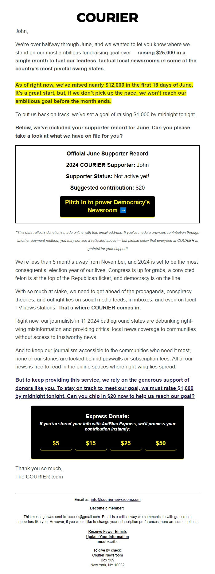 Screenshot of the email generated on import